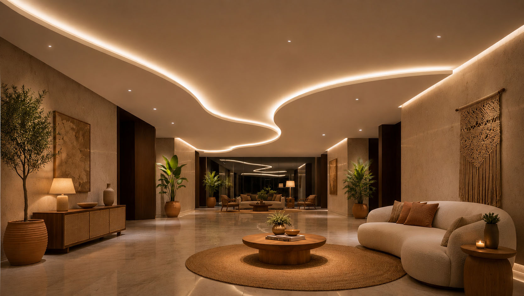 Seamless lighting transitions across textured surfaces demonstrating continuity between adjacent spatial zones