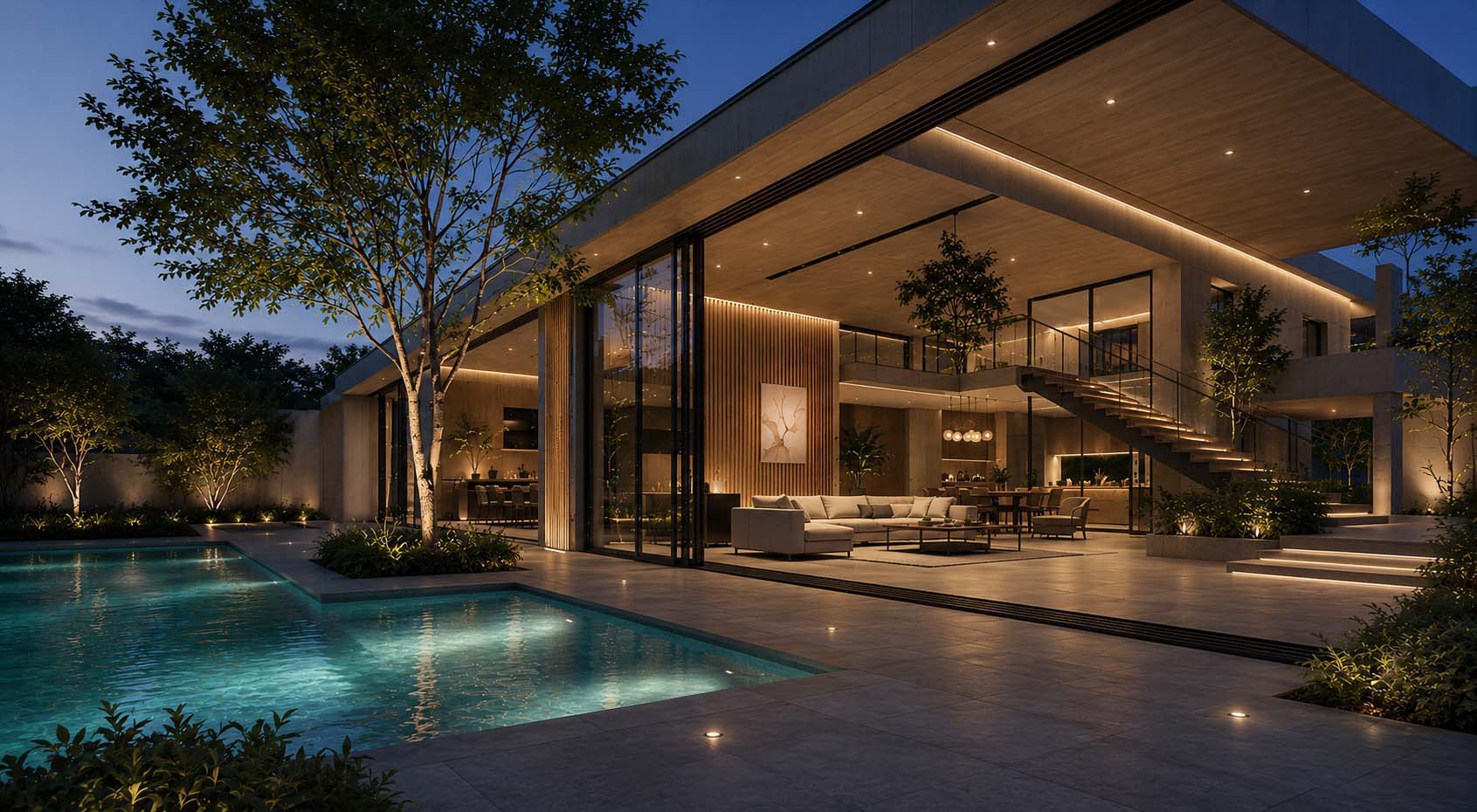 Interior-to-exterior lighting continuity creating a unified luminous composition across the architectural envelope